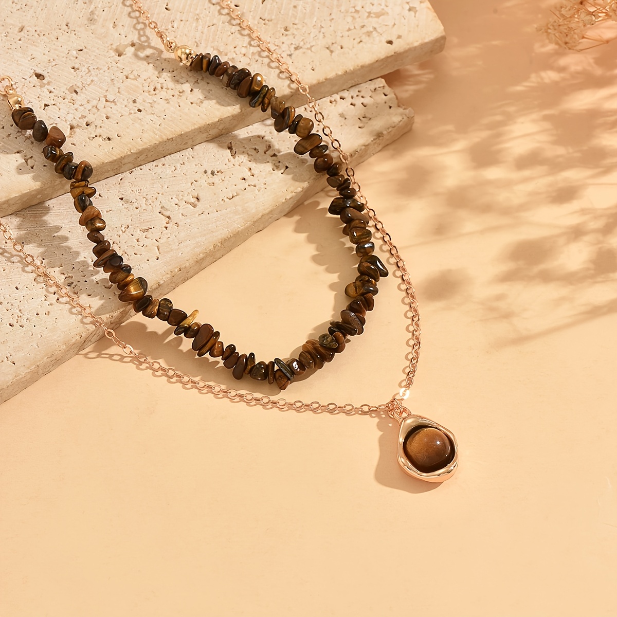 2pcs Boho Ethnic Stacked Layered Necklace with Tiger Eye Pendant
